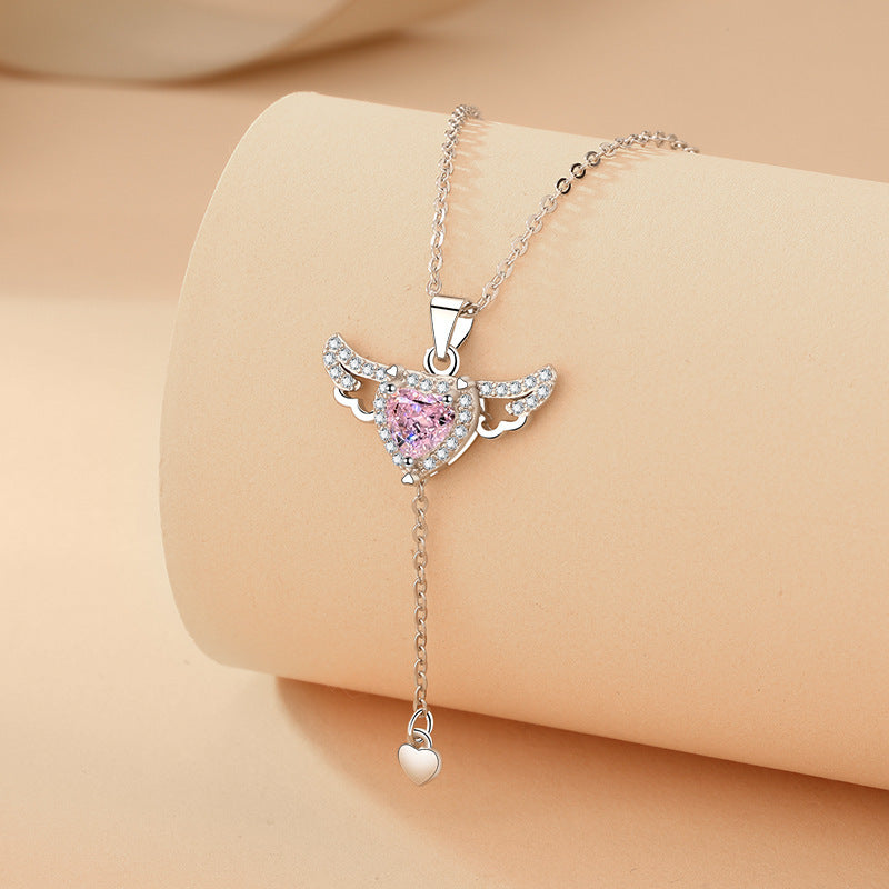 Moving Cupid Heart Angel Wings Tassel Necklace With Crystal Clavicle Chain Women Jewelry Gift Valentine's Day